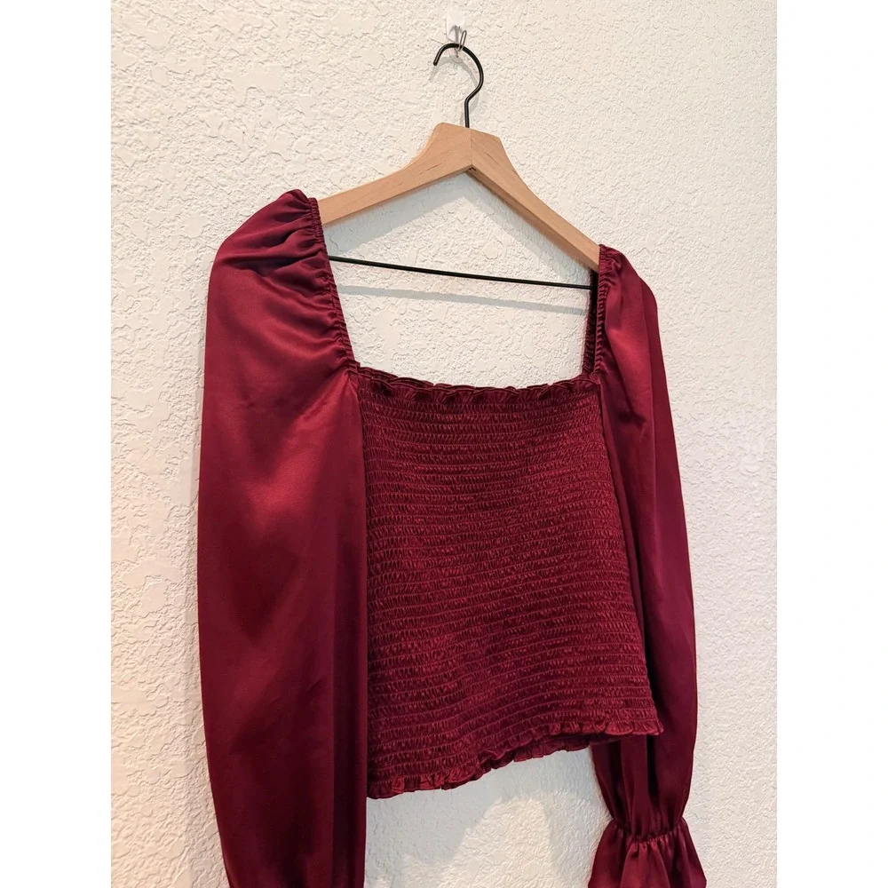 Reformation Burgundy 100% Silk Smocked Long Sleeve Square Neck Chamomile Top  S‎